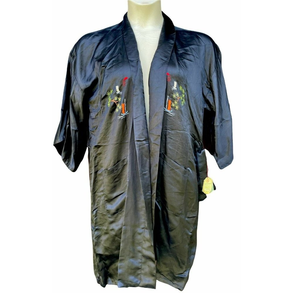 NWT Deadstock Vtg GOLDEN DRAGON Black Silk Kimono Robe Hand Embroidered Lingerie